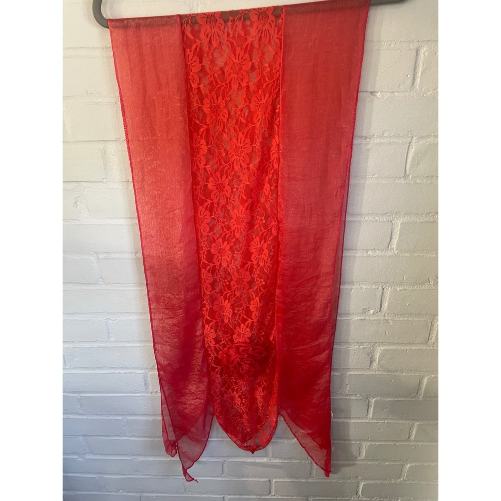 Vintage Romantic Coral Lace Sheer Viscose Scarf Wrap With Rosette 80s 90s Formal